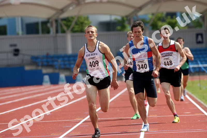 409 Niall Maguire (Deby AC) and 340 Ben Akin (Peston Harriers), senior 800 metres, Northern Championships, Sport City, Manchester